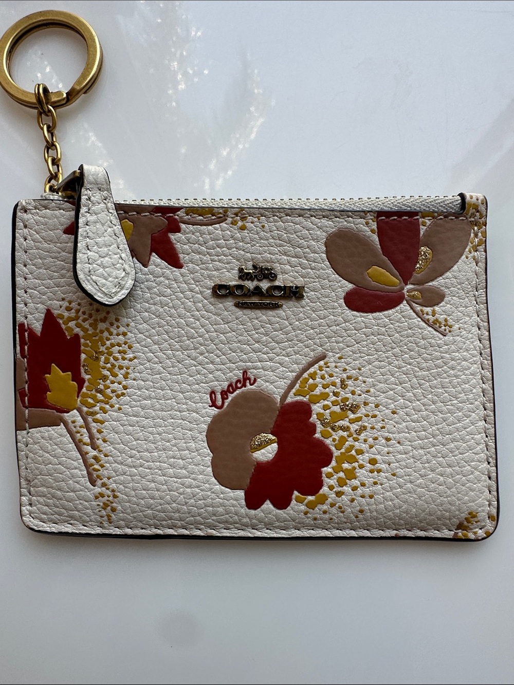 Coach White Floral Zip Card Case Keyring